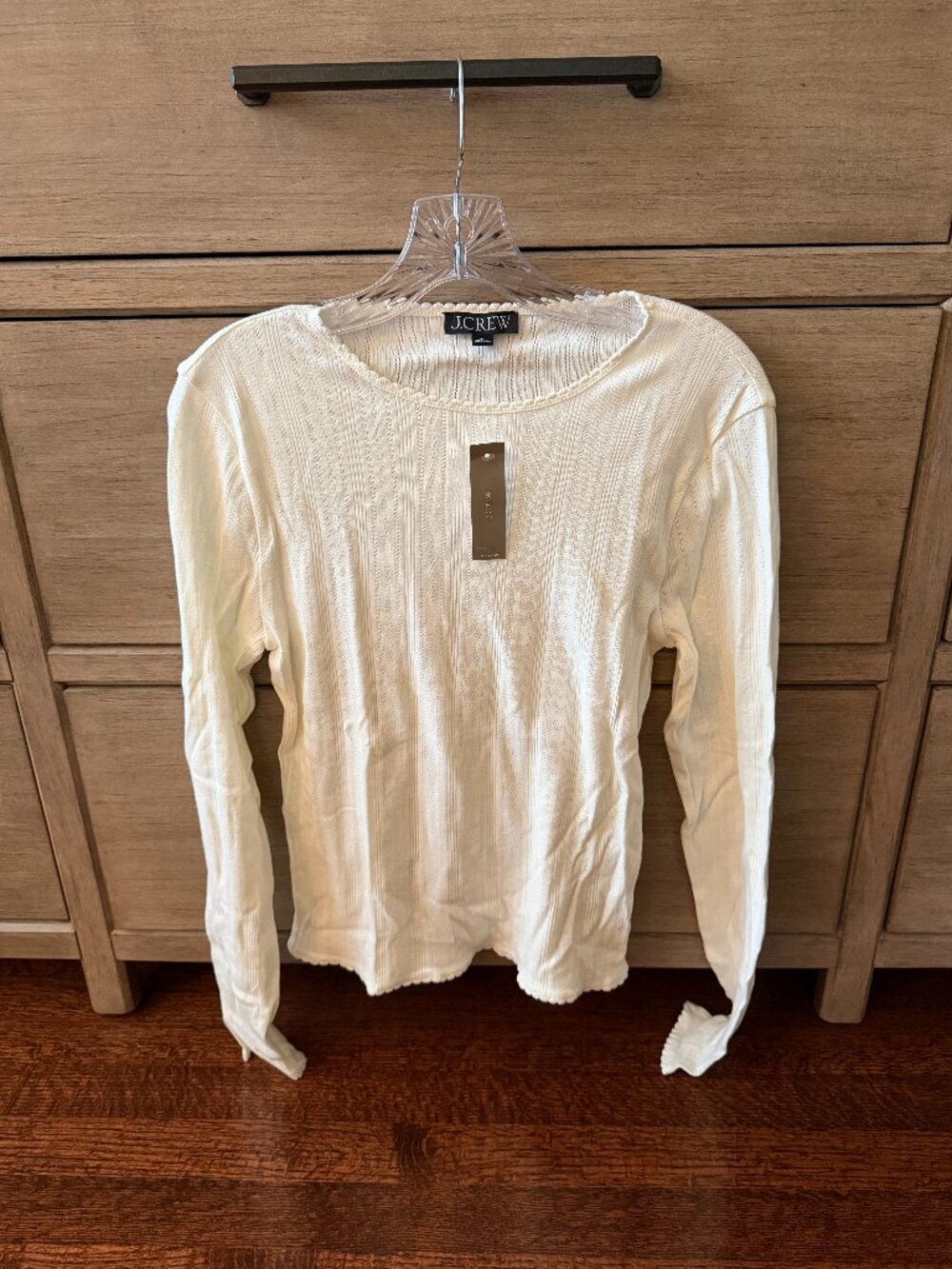 NWT J.Crew Ivory Pointelle Long Sleeve Top Scallop Trim Size M
